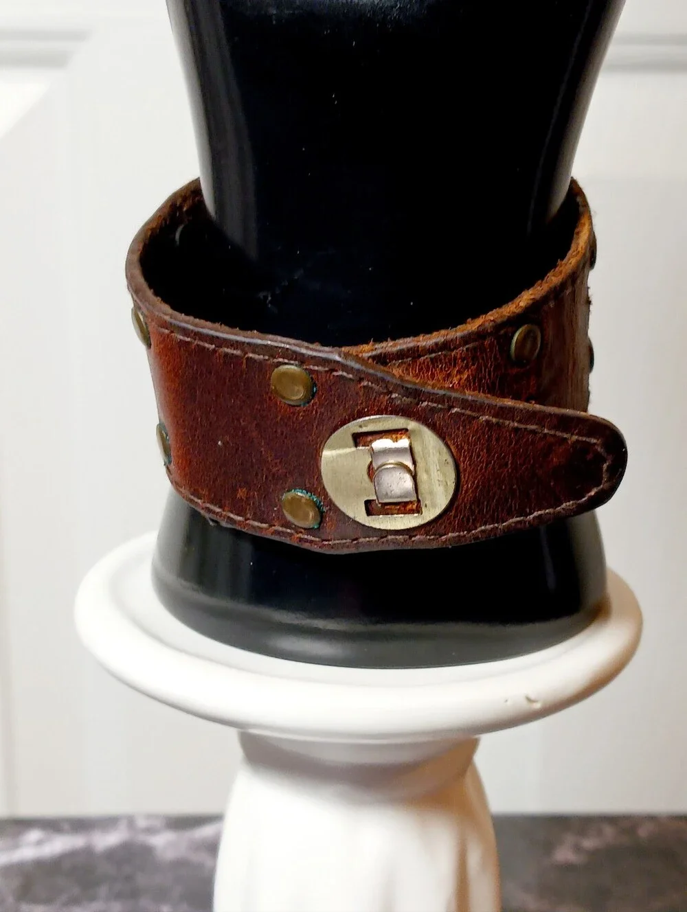Handcrafted Brown Leather Cuff Bracelet with Brass Plate 